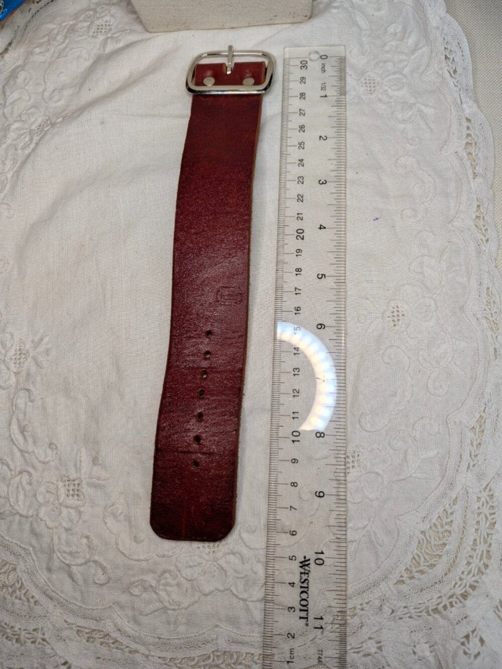 Vintage Burgundy Leather Bund Watch Band Silver Buckle 1.5 Inch Wide